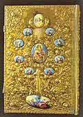 Оклад на Евангелие. Оборотная сторона. 1754 г. Троице-Сергиева лавра. Серебро, чеканка, золочение, эмаль.