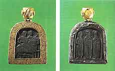 SS Boris and Gleb,  Feodor, Nicholas and Grigory. Pectoral icon. First half of the 14th century. Murom. Obverse.  Reverse 
