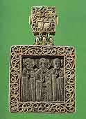 St. Nicholas, SS  Cosmus and Damian. Pectoral icon. 14th century. Novgorod 