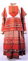 Female costume. 19thcentury. Ryazan region. Kadomsky district. Flax. Wool. Red calico. Embroidery. Weaving